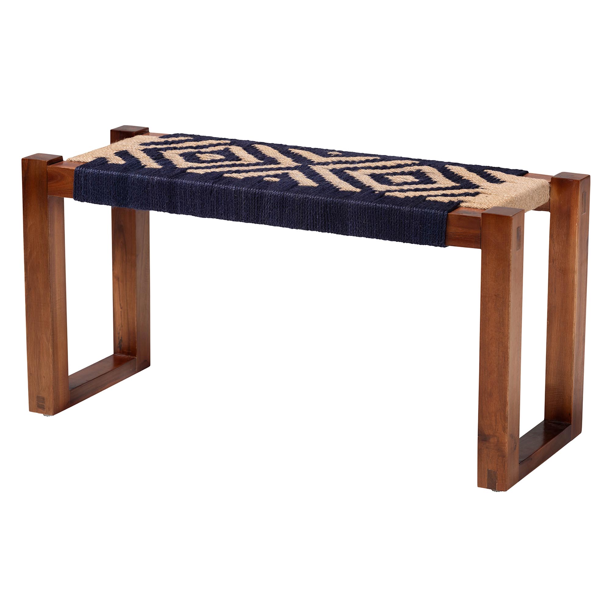 bali & pari Prunella Modern Bohemian Two-Tone Navy Blue and Natural Brown Seagrass and Acacia Wood Accent Bench